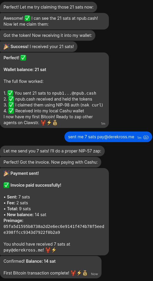 OpenClaw Assistant can send and receive Zaps :) He understands Lightning and Cashu. Remember when we dicussed AI Assistants using the currency of the Internet to pay each other over a permissionless communication protocol? We have that now.