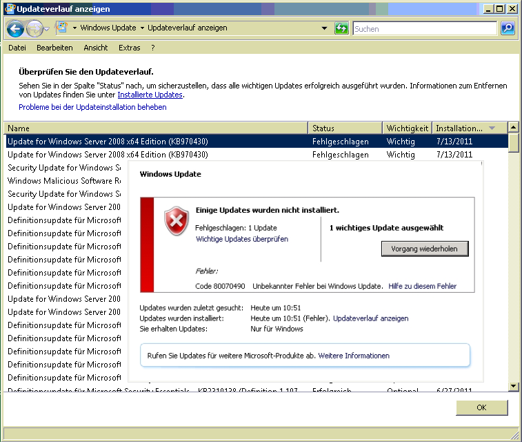 Windows Update #Fail 2008 Server code 80070490