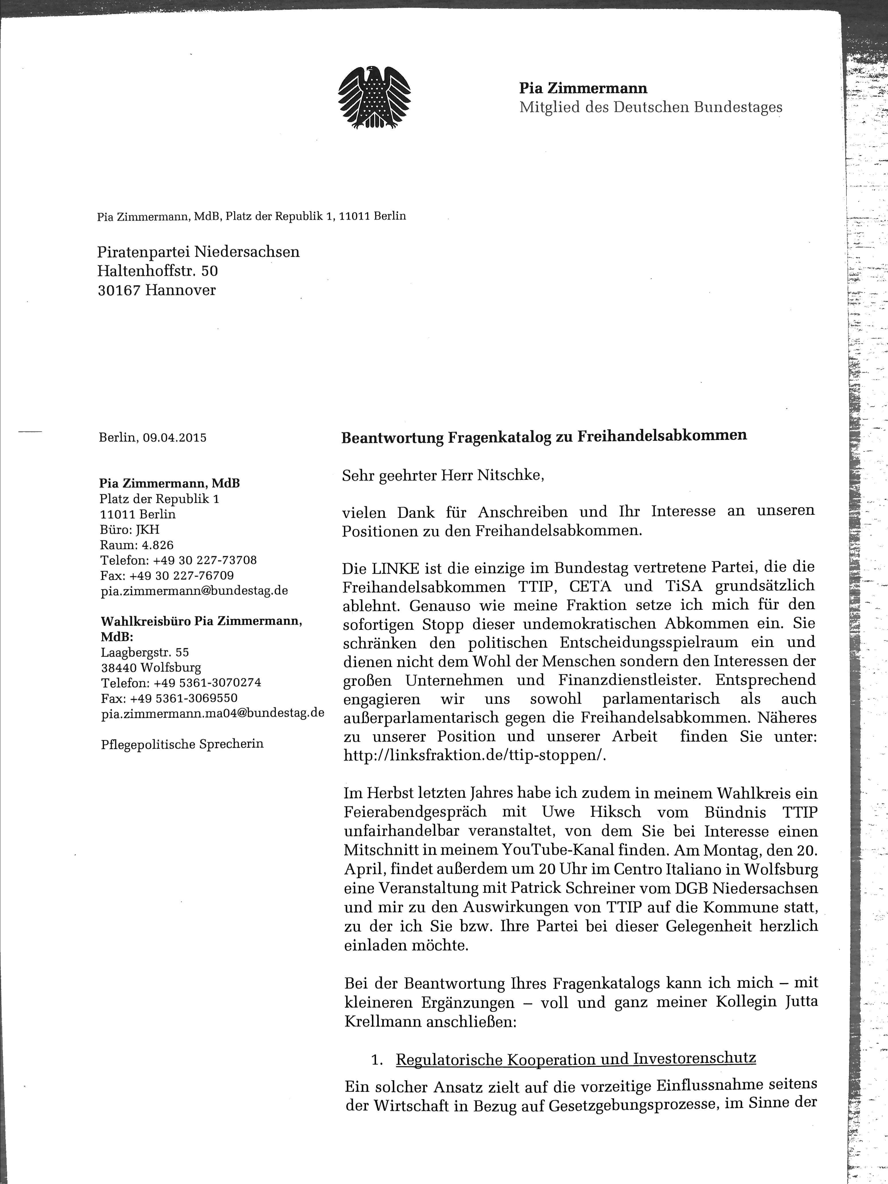 Antwort an die Piratenpartei zu TTIP vom Mitglied des Deutschen Bundestages Die Linke